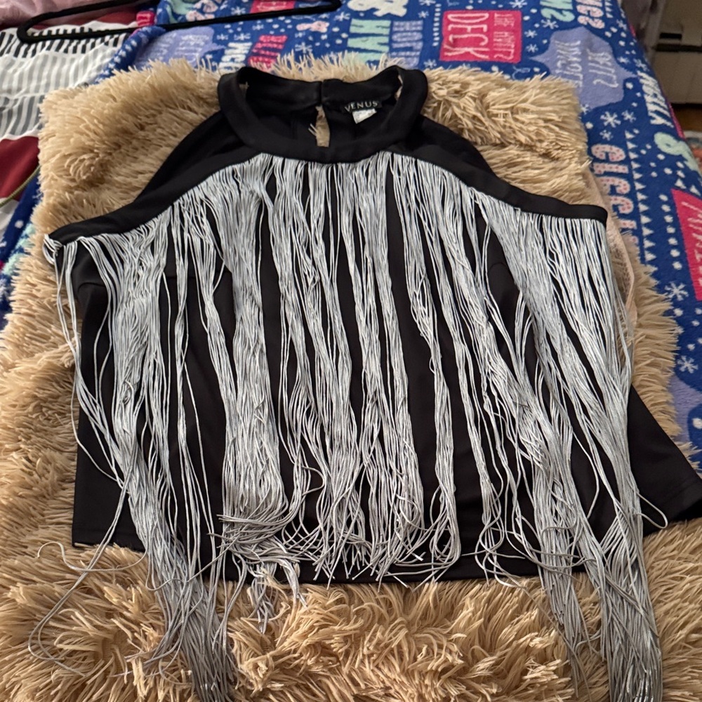 VENUS Black Top with Silver Fringe
